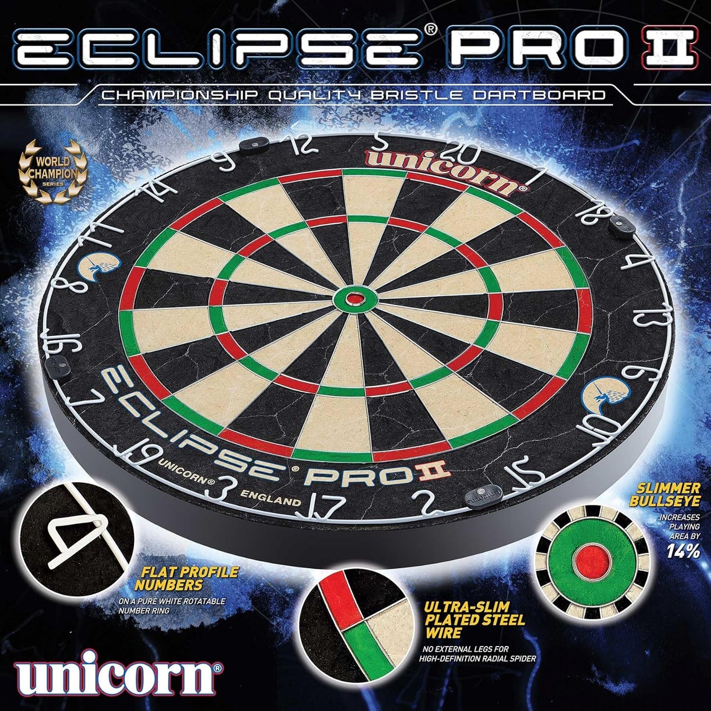 Eclipse Pro 2 Bristle Steel Tip Dartboard with American Legend Dartboard Cabinets – Ultra-Slim Bullseye – High-Vis Rotatable Number Ring – 30% Thinner Wire