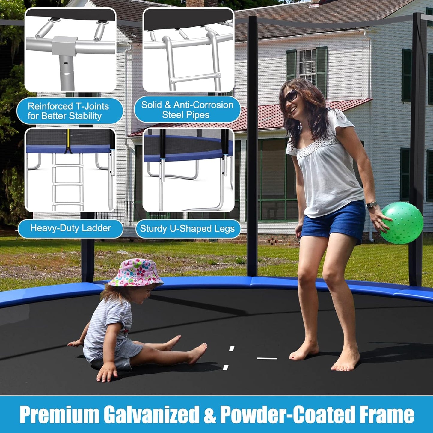 8Ft 10Ft 12Ft 14Ft 15Ft 16Ft Trampoline for Kids Adults, ASTM Approved Trampoline with Net, Thickness Steel Pipes Wear-Resistant All Weather Outdoor Large Recreational Trampoline with Ladder