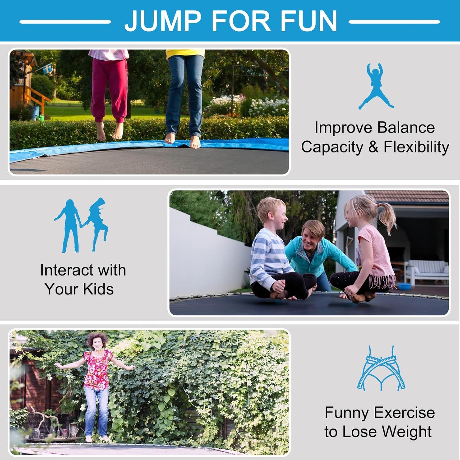 8Ft 10Ft 12Ft 14Ft 15Ft 16Ft Trampoline for Kids Adults, ASTM Approved Trampoline with Net, Thickness Steel Pipes Wear-Resistant All Weather Outdoor Large Recreational Trampoline with Ladder