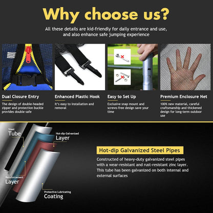 8Ft 10Ft 12Ft 14Ft 15Ft 16Ft Trampoline for Kids Adults, ASTM Approved Trampoline with Net, Thickness Steel Pipes Wear-Resistant All Weather Outdoor Large Recreational Trampoline with Ladder