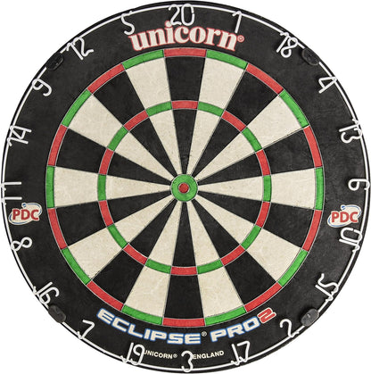 Eclipse Pro 2 Bristle Steel Tip Dartboard with American Legend Dartboard Cabinets – Ultra-Slim Bullseye – High-Vis Rotatable Number Ring – 30% Thinner Wire