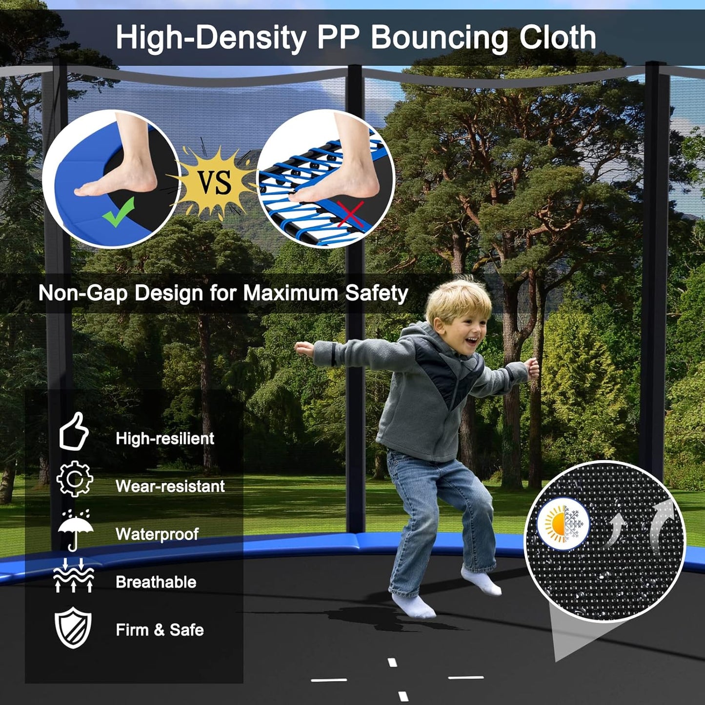 8Ft 10Ft 12Ft 14Ft 15Ft 16Ft Trampoline for Kids Adults, ASTM Approved Trampoline with Net, Thickness Steel Pipes Wear-Resistant All Weather Outdoor Large Recreational Trampoline with Ladder